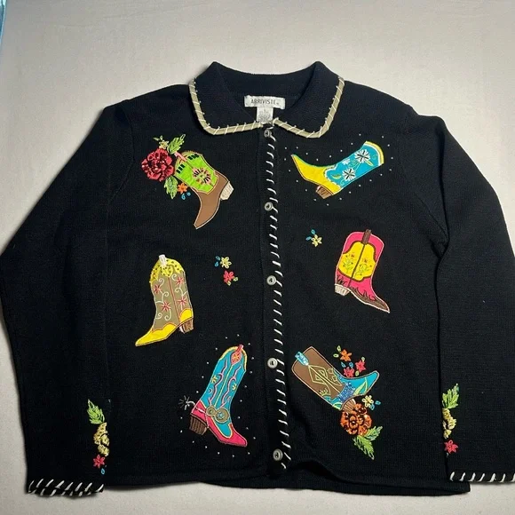 Arriviste Western Boot Embroidered Cardigan Sweater Vintage Cowgirl Rodeo Jacket - Picture 1 of 7